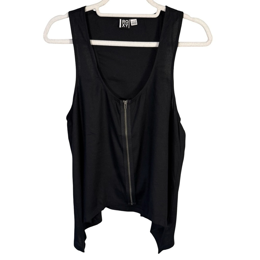 Roxy Black Zip-Front Tank Top Size S Flowy Festival Assymetrical Casual Chic
